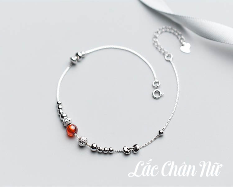 Lắc chân bạc nữ hạt charm đỏ may mắn LCBN174